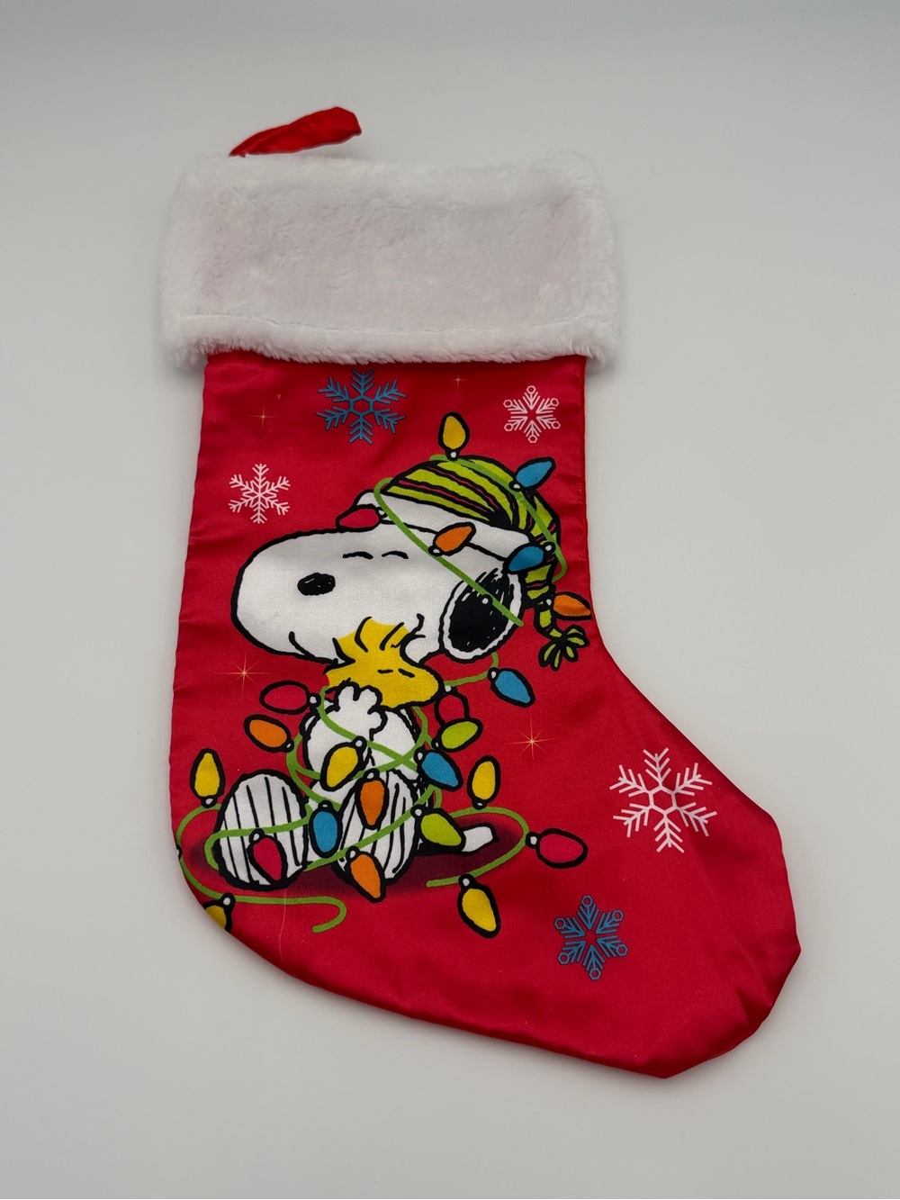 Peanuts Snoopy Satin Hanging Christmas Stocking 15" Red White Woodstock